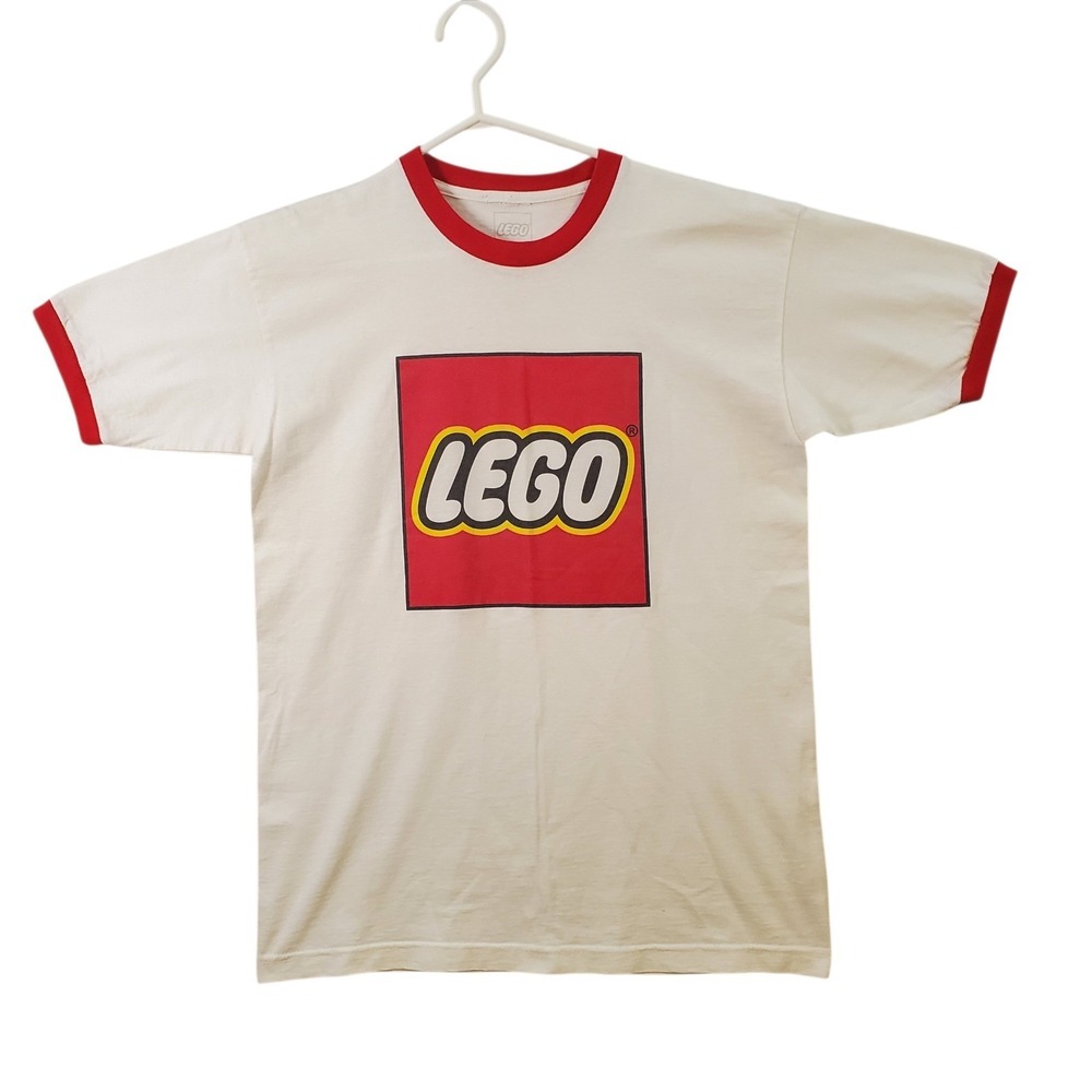 LEGO Ringer Graphic T-Shirt White Red Box Logo Cotton Made in USA Mens Medium